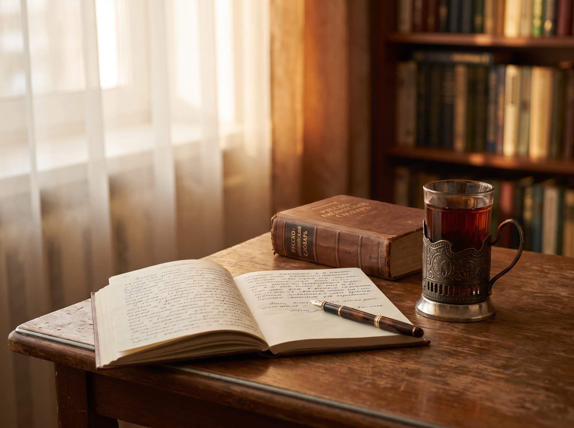 A study desk with a Russian dictionary, notebook and tea