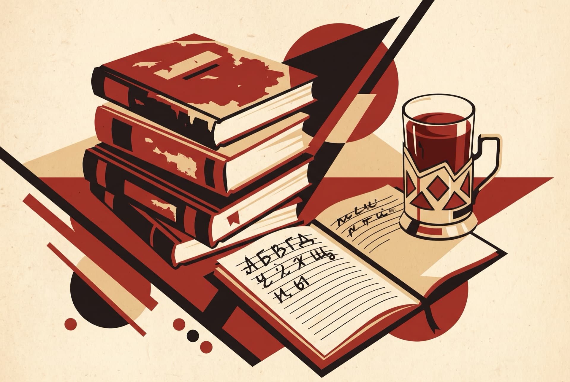 Books, tea and Cyrillic notes in a constructivist illustration