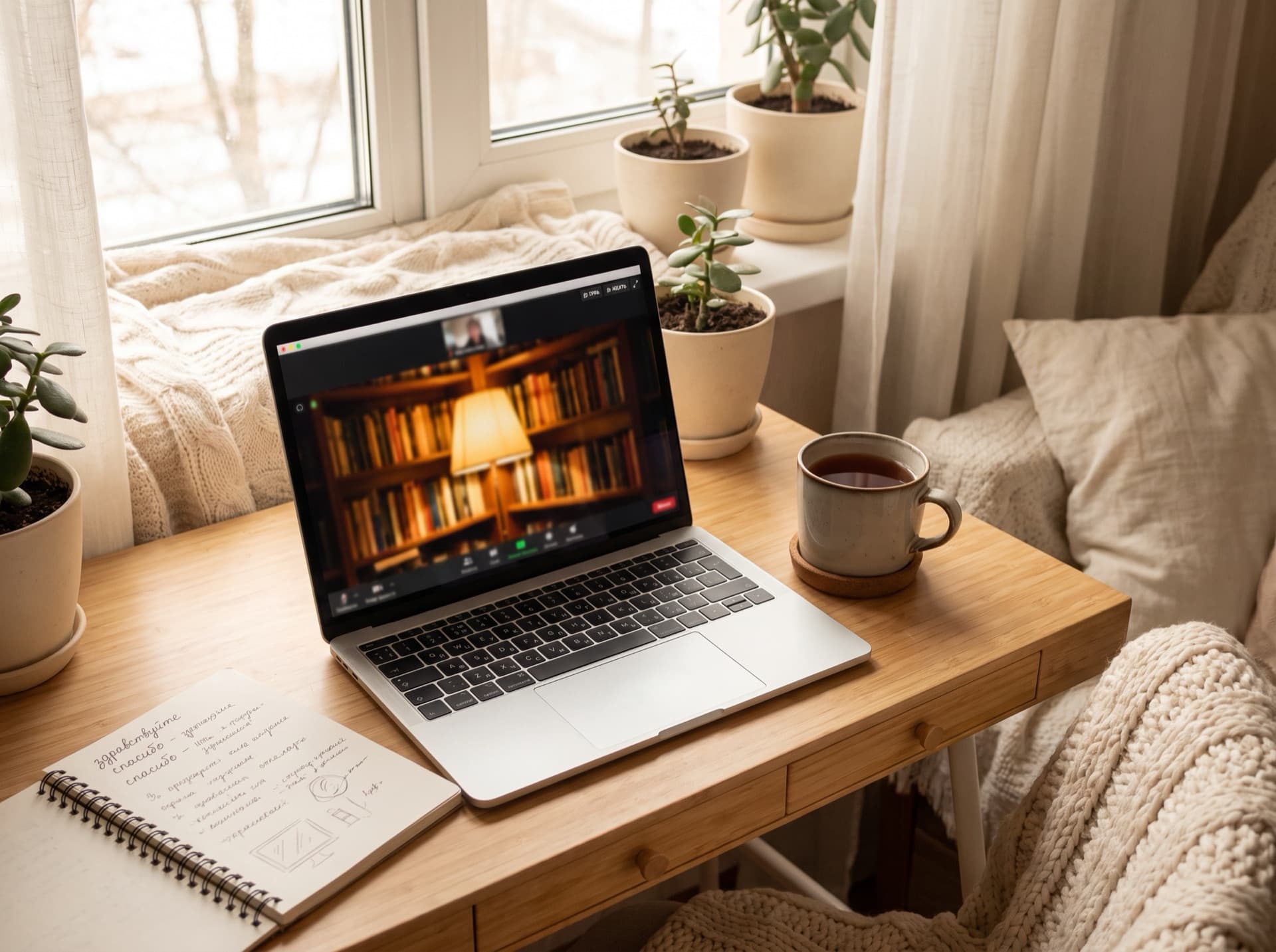 An online Russian lesson on a laptop at home